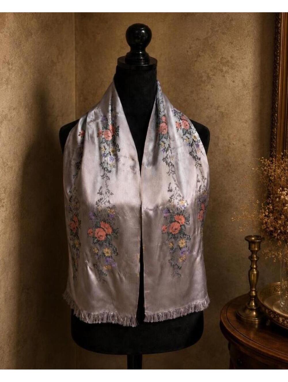 Vintage Rhodia Paris France Acetate Floral Jacquard Reversible Scarf 43x9.5